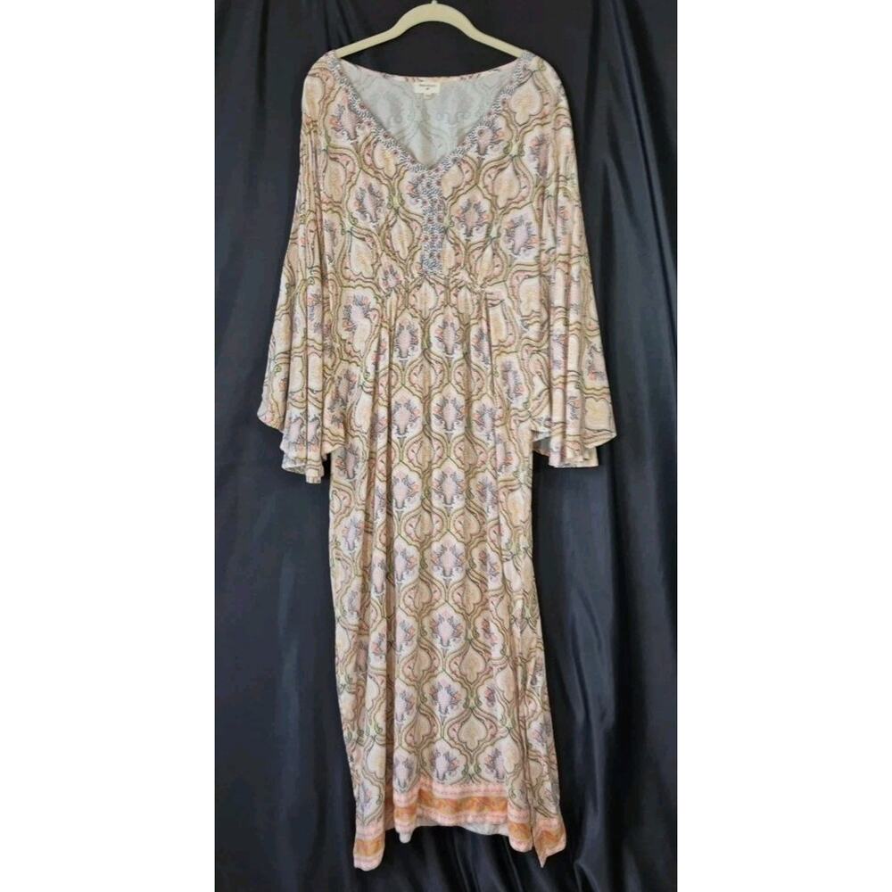 World Market Boho Caftan Paisley Pink Yellow Maxi Dress S M